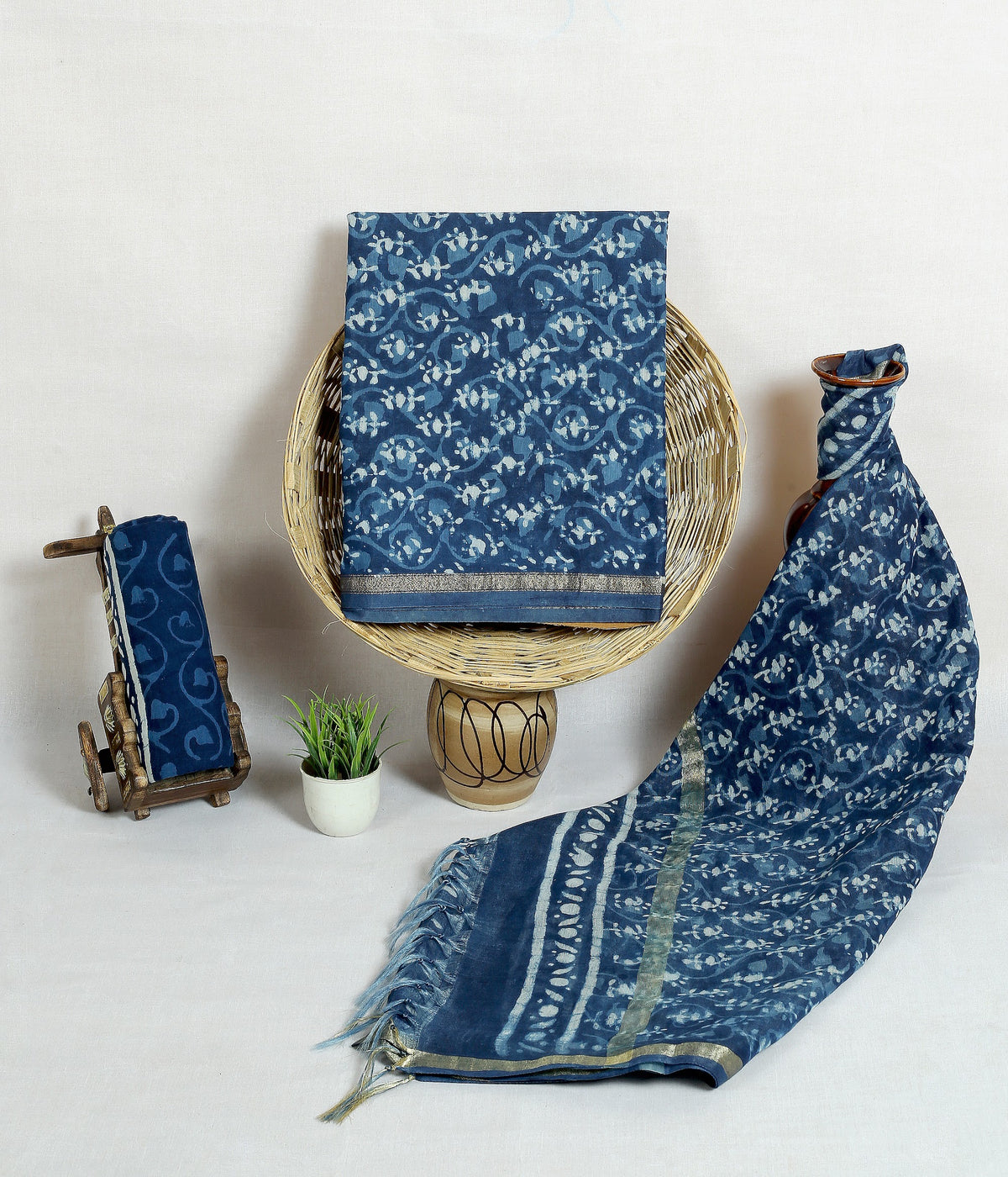 Raat Phool Jaal Navy Floral Jaal Chanderi silk hand block print suit material