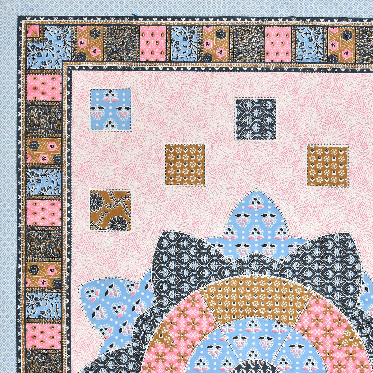 Elora Pink Blue Patchwork Medallion Murugan cotton single bedsheet 60x90 with pillow cover – pink and blue – wholesale Jaipur – view 3
