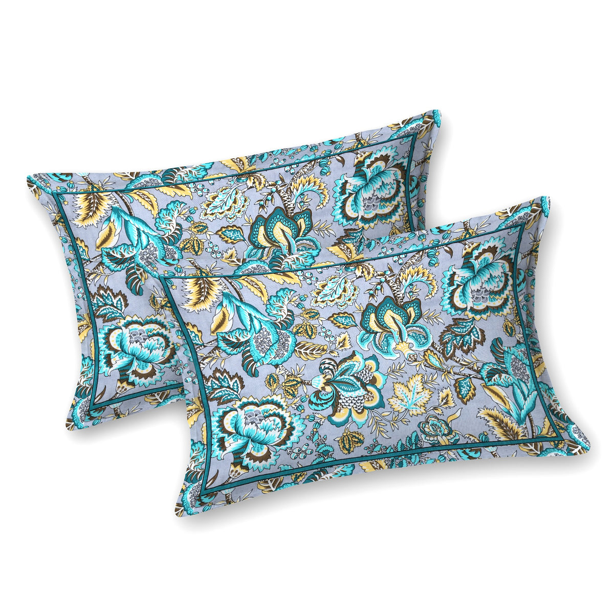 Kalashree Grey Aqua Floral Jaal premium cotton double bedsheet 100x108 with 2 pillow covers – grey and aqua – wholesale Jaipur – view 2