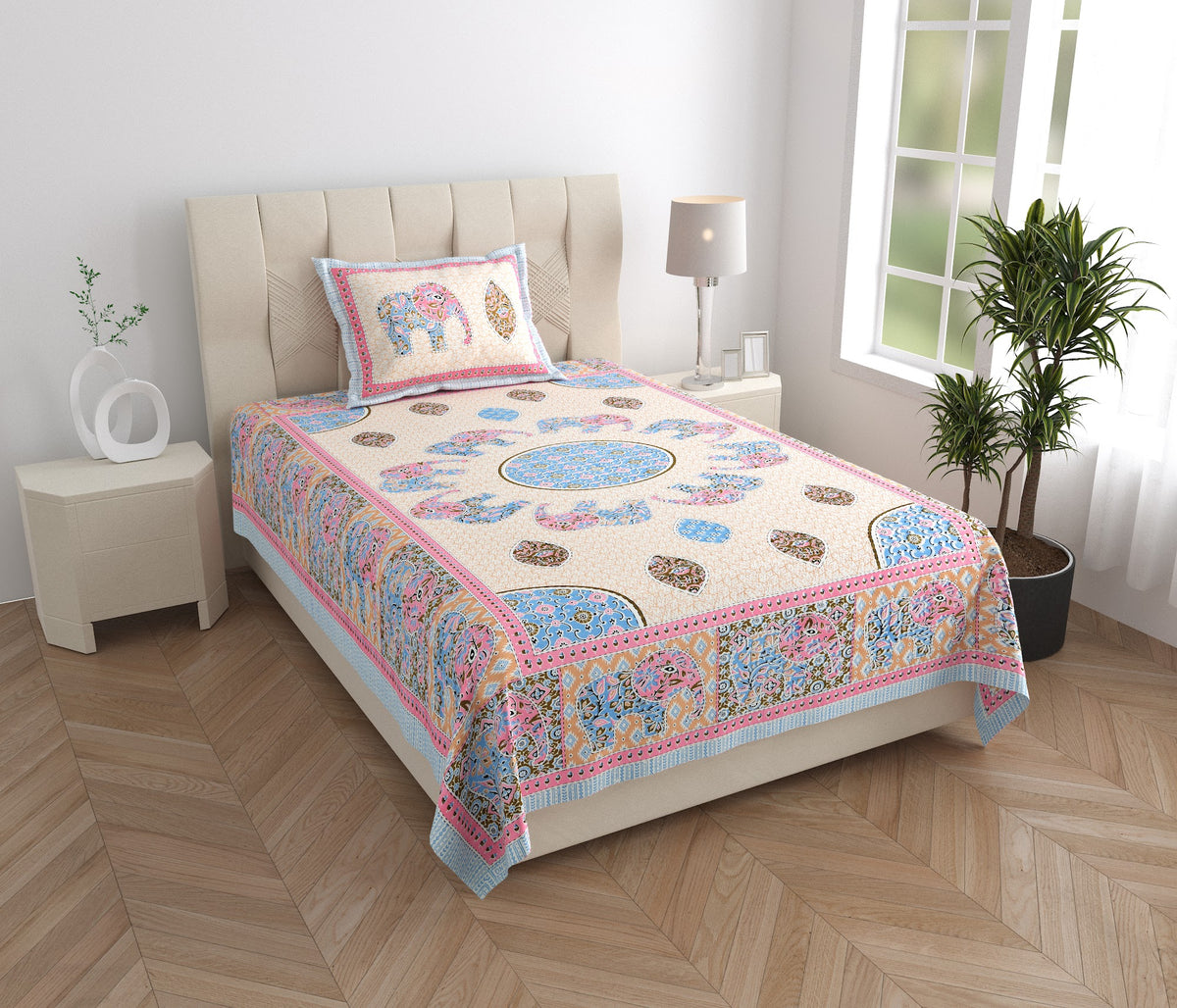 Elora Pink Elephant Mandala Murugan cotton single bedsheet 60x90 with pillow cover – pink – wholesale Jaipur – view 5