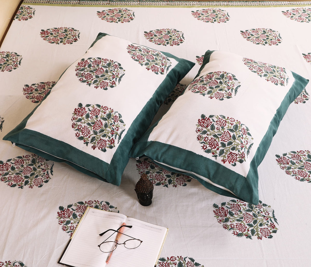 Teal Border Guldasta hand block printed Murugan cotton double bedsheet 95x108 with 2 pillow covers – pink, grey and teal – wholesale Jaipur – view 4