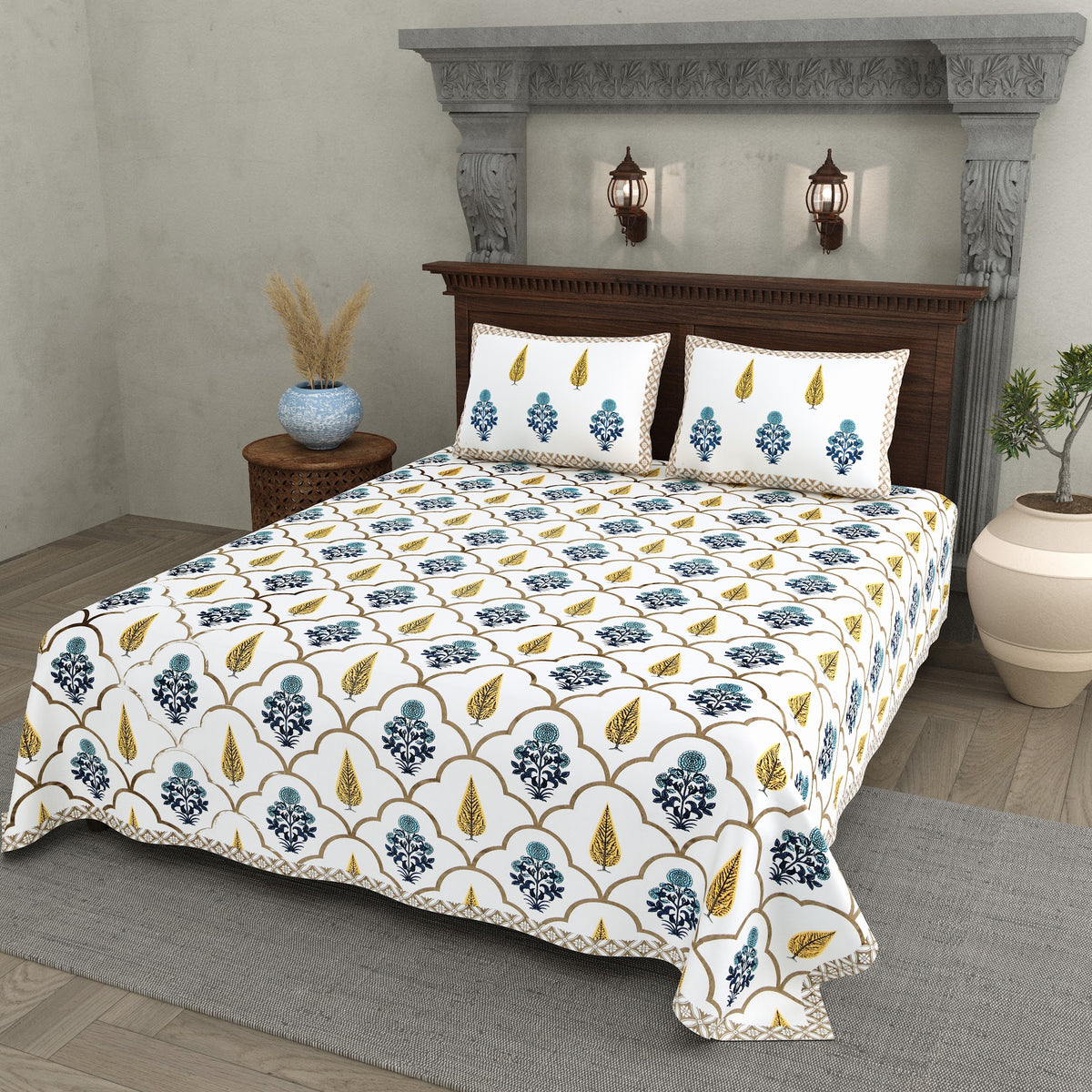 Moti Buta Blue Mustard Ogee Cotton Double Bedsheet 90x108 with 2 Pillow Covers Bedsheet 1WXQQlxpiu_8_Hkl-Dx5CiWtPqyDhChm9_w2000