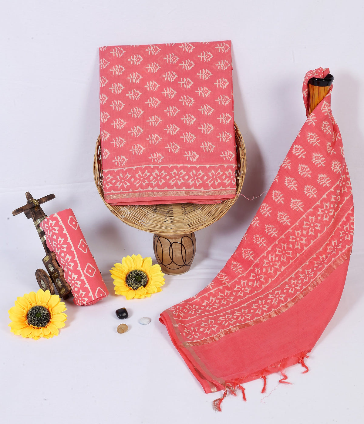 Moonga Buta Coral Buta Chanderi silk hand block print suit material