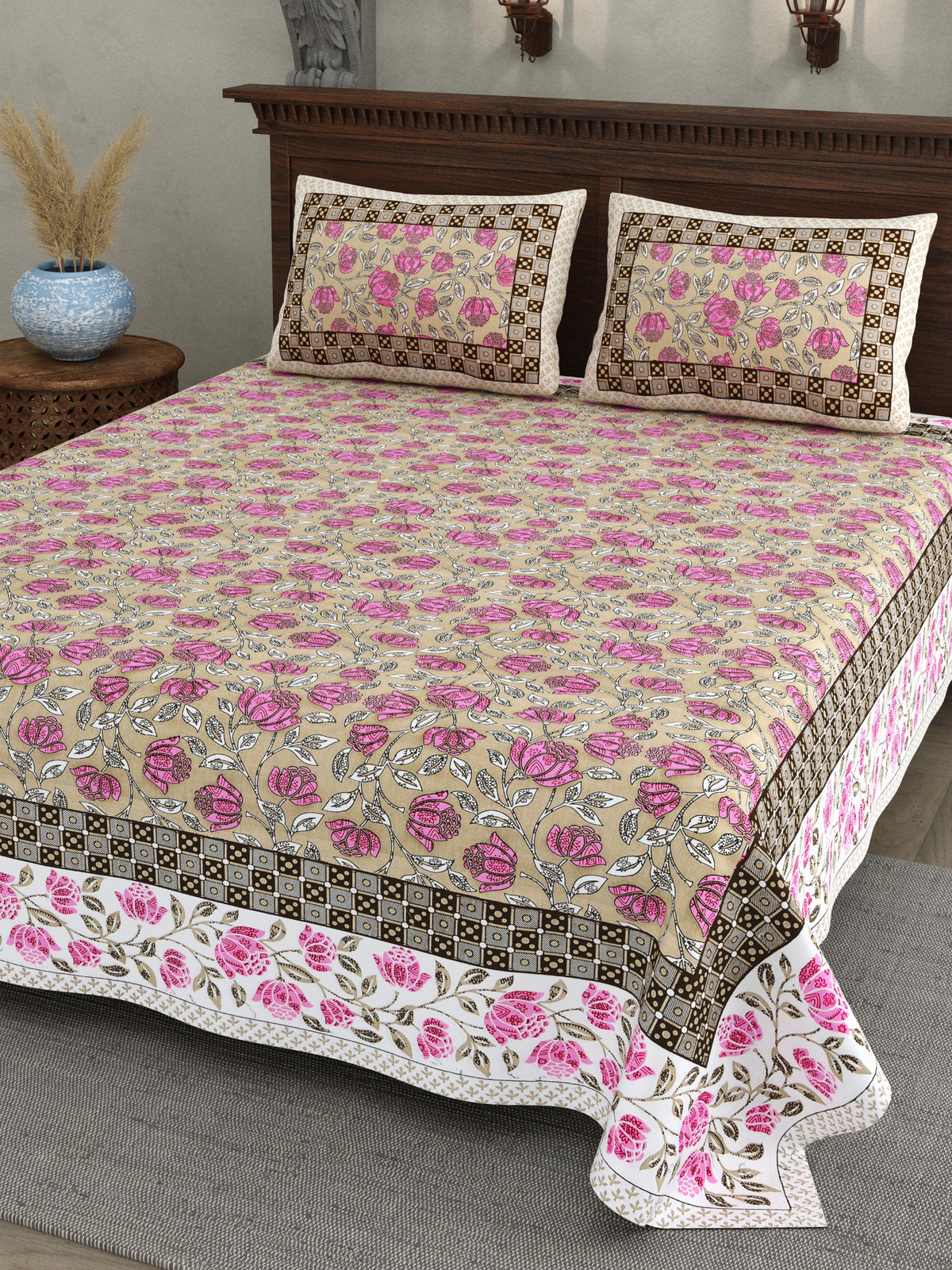 Haveli Grey Pink Rose Cotton Double Bedsheet 90x108 with 2 Pillow Covers Bedsheet 1WqrZE_1S2Djp_n5km_l2WxCdz3n8Q-qT_w2000