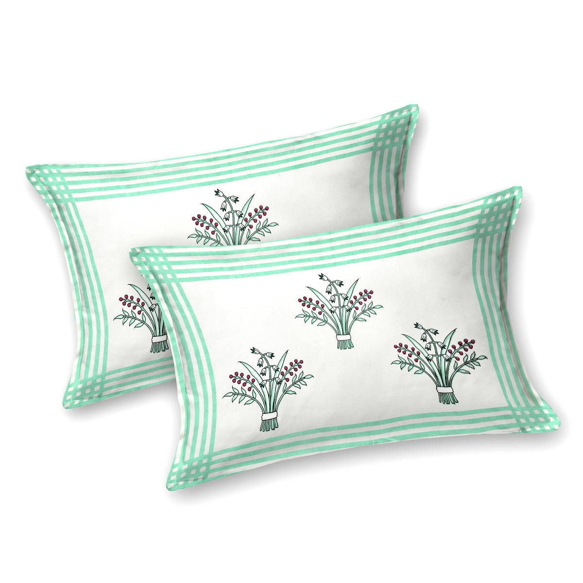 Kalashree Mint Border Floral Bel premium cotton double bedsheet 100x108 with 2 pillow covers – mint green and grey – wholesale Jaipur – view 2