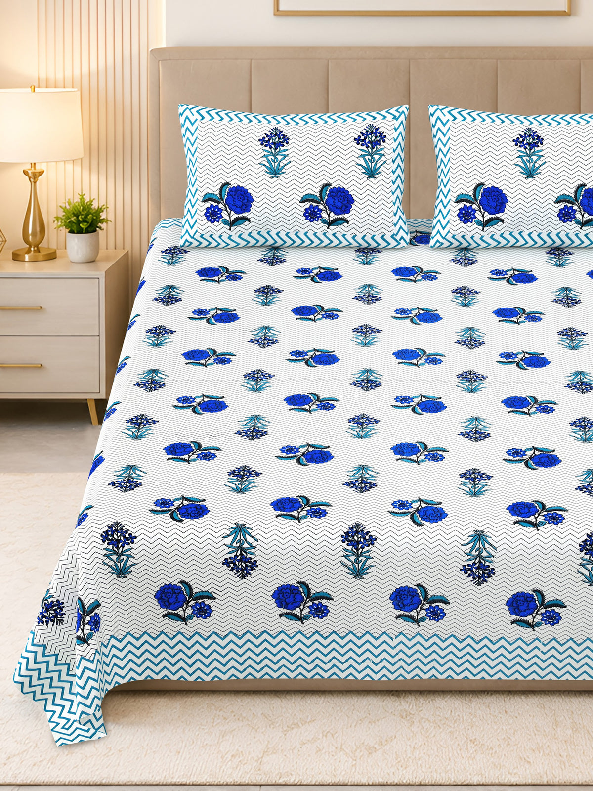 Kalashree Royal Blue Rose Chevron premium cotton double bedsheet 100x108 with 2 pillow covers – royal blue – wholesale Jaipur