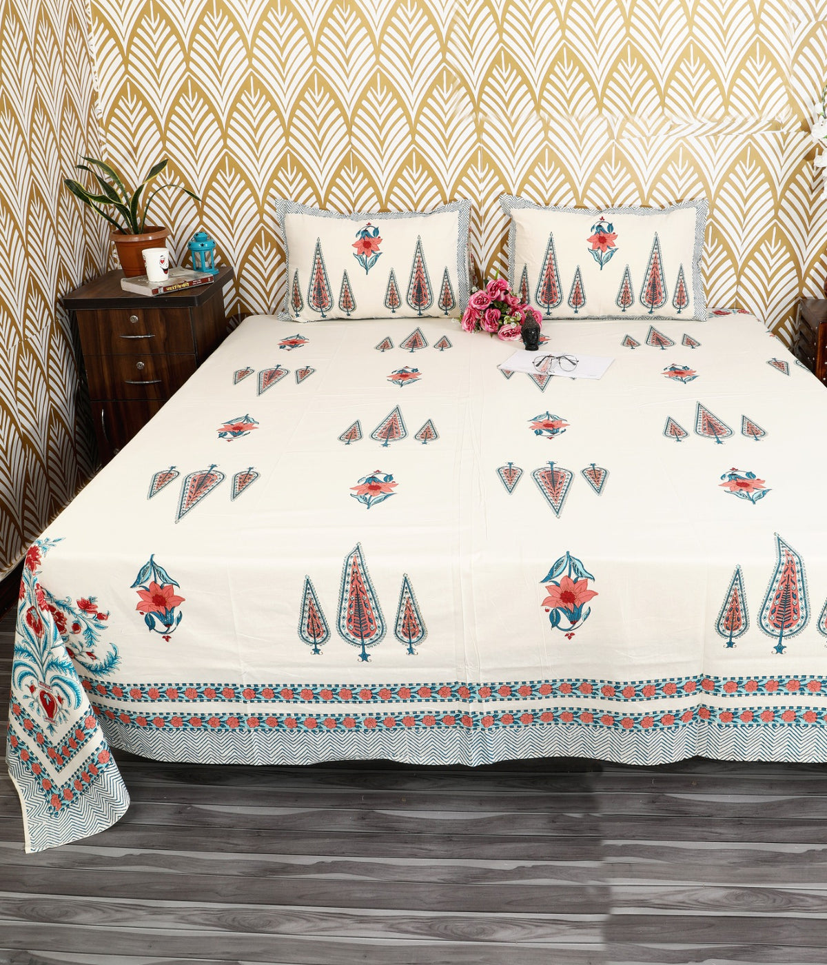 Prakriti Yuvraj Teal Red Cypress Buta Pure Cotton King Size Bedsheet 108x108 with 2 Pillow Covers Bedsheet 1XhZpOgyHJFW6tn41vl5gFpCHggnYBcbV_w2000