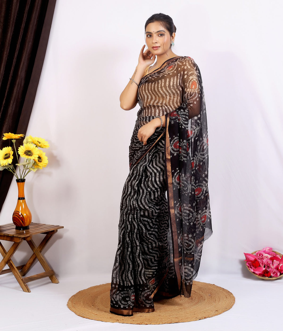 Black Brown Wave Dabu Kota Doria dabu hand block print saree with blouse – black and brown – wholesale Jaipur