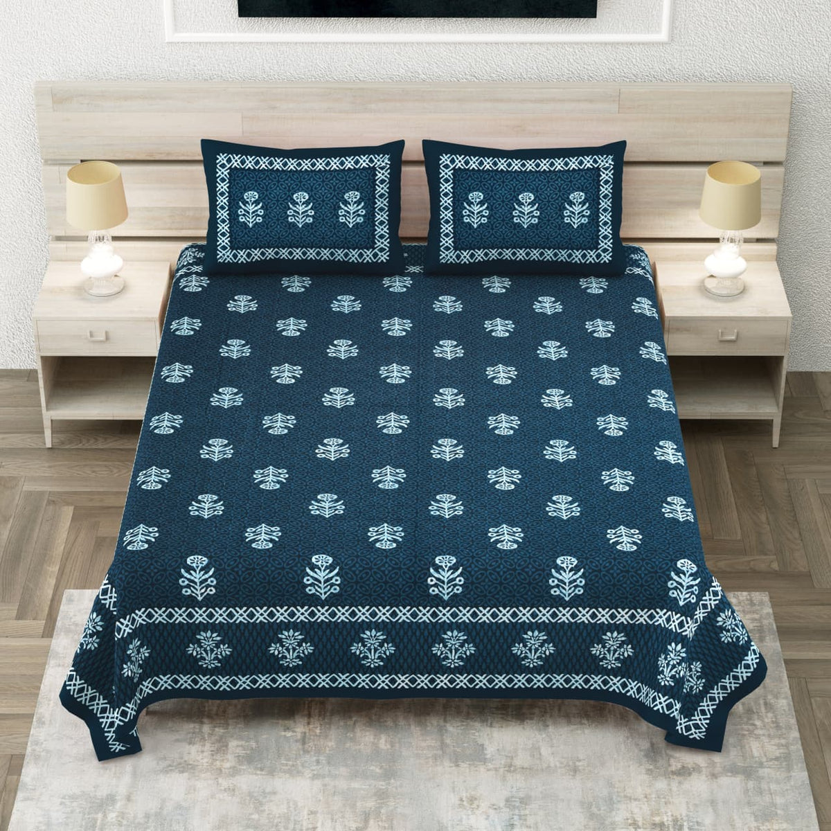 Royal Sanganer Indigo Tree Buta Pure Cotton Double Bedsheet 90x108 with 2 Pillow Covers Bedsheet 1Xojc2diQVbs3EnF5xGpYlewoQ872L3tF_w2000