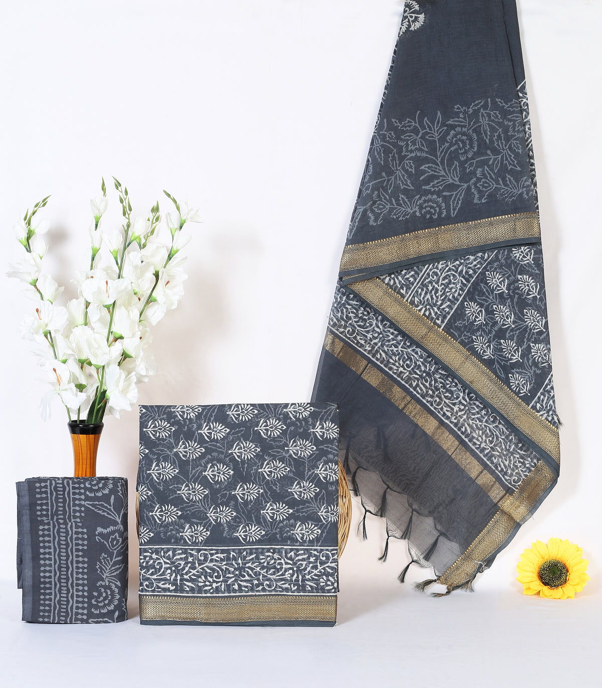Surmai Buta slate grey buta maheshwari silk hand block print suit material with zari border – wholesale Jaipur
