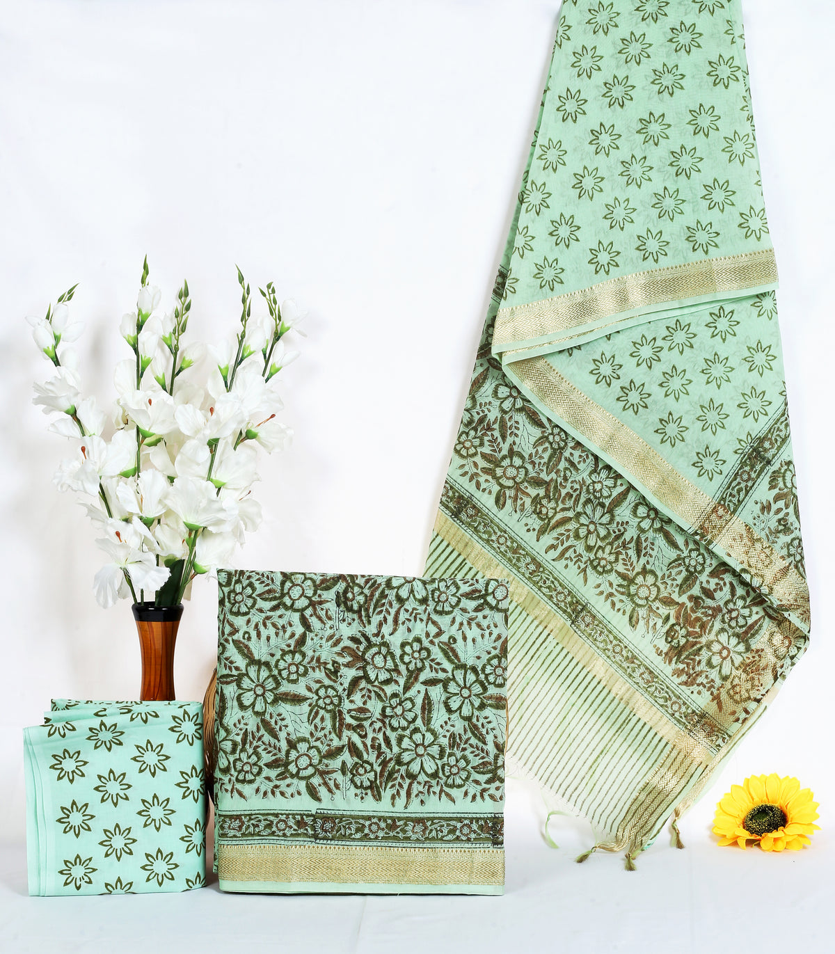 Pista Bagh mint floral garden maheshwari silk hand block print suit material with zari border – wholesale Jaipur