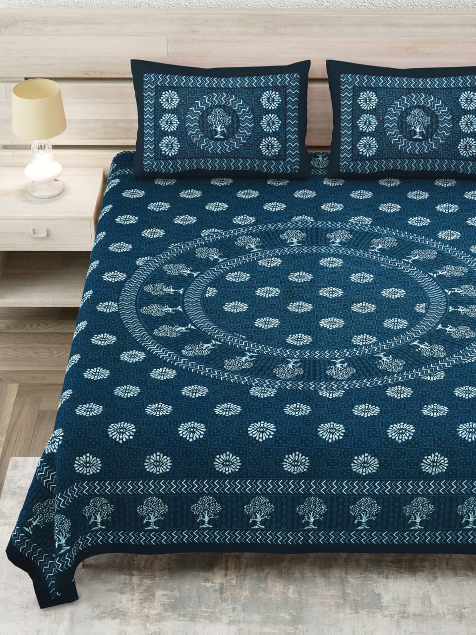 Royal Sanganer Indigo Mandala Pure Cotton Double Bedsheet 90x108 with 2 Pillow Covers Bedsheet 1YJDLOFQTM3sVjCjXy4MCoy1Jv3I-Yc0__w2000