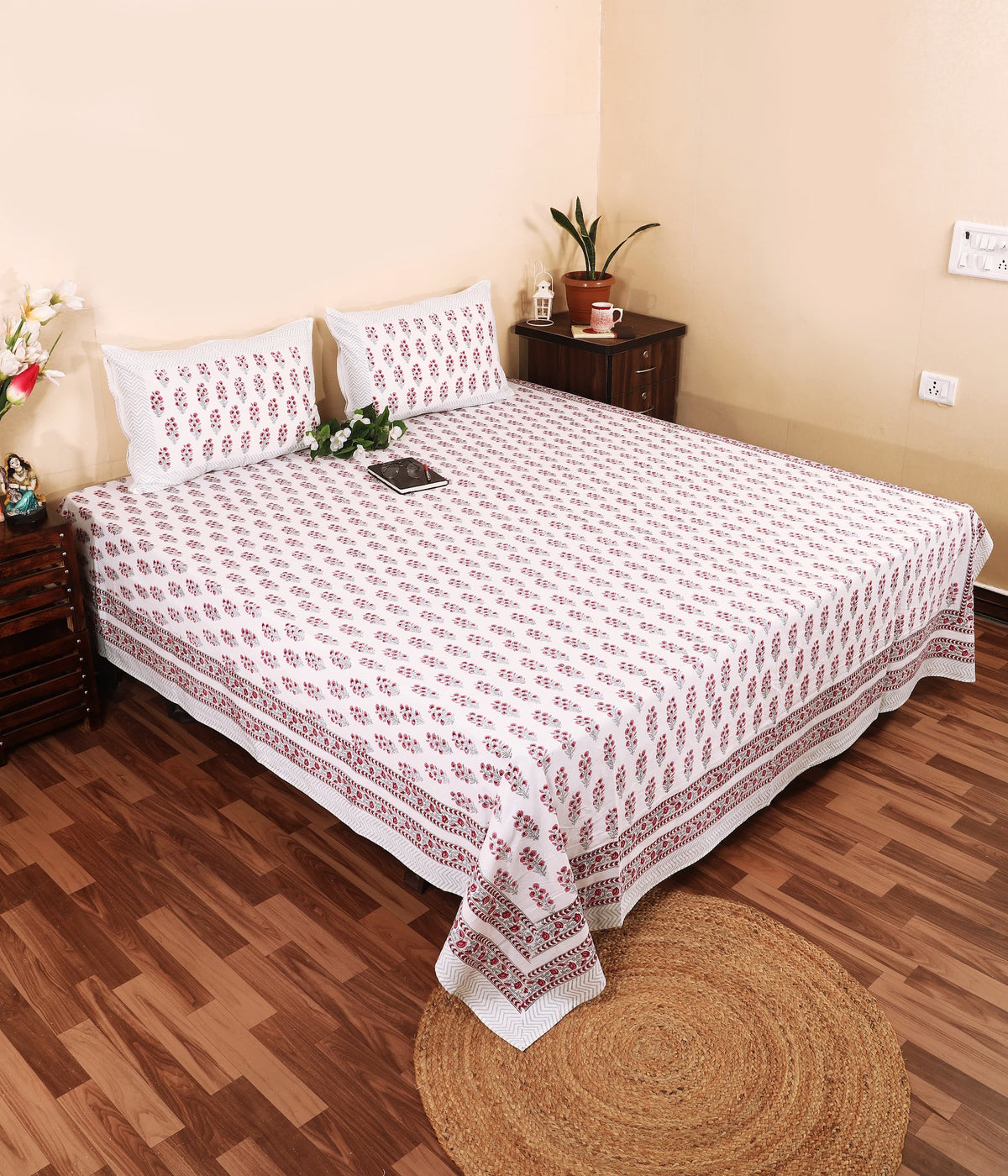 Amer Gulab hand block printed Murugan cotton double bedsheet 95x108 with 2 pillow covers – rose pink – wholesale Jaipur