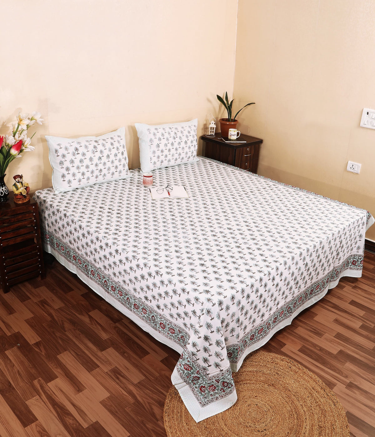 Midnight Palm hand block printed Murugan cotton double bedsheet 95x108 with 2 pillow covers – charcoal grey – wholesale Jaipur – view 3