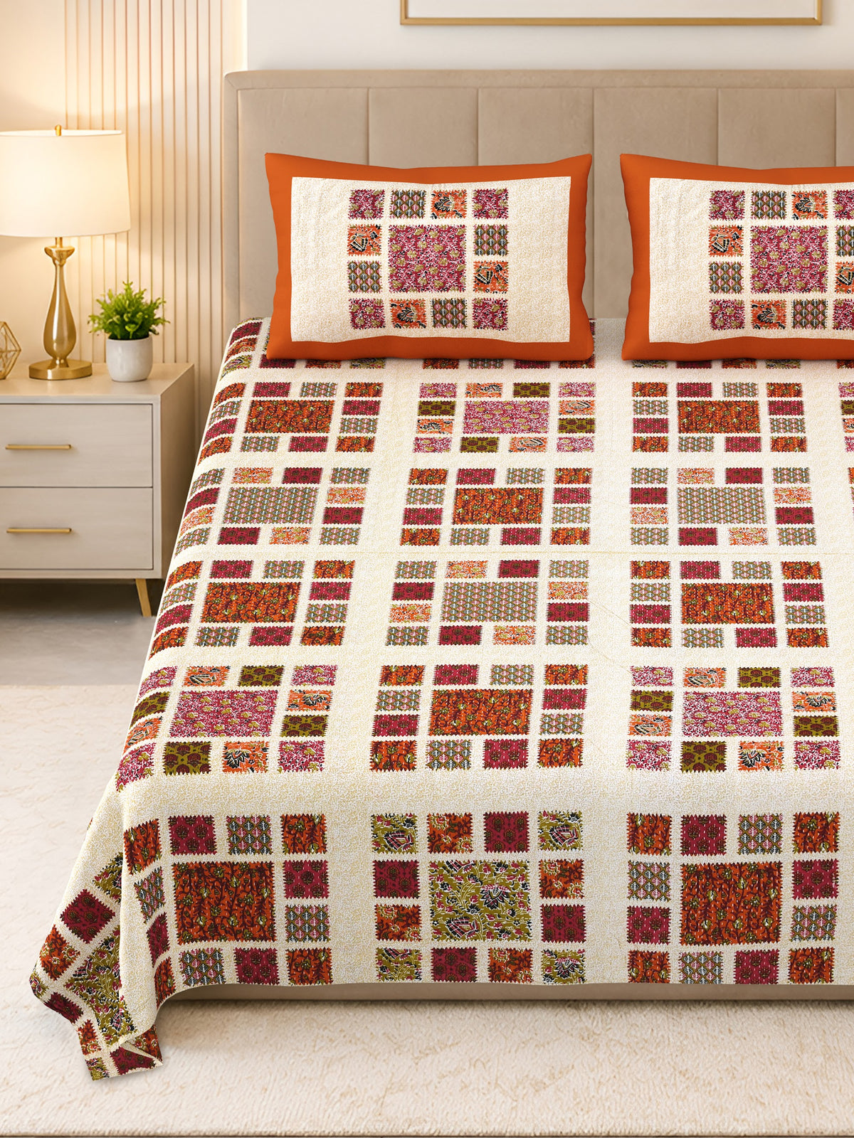 Kalashree Rust Patchwork Check premium cotton double bedsheet 100x108 with 2 pillow covers – rust and multicolour – wholesale Jaipur – view 5