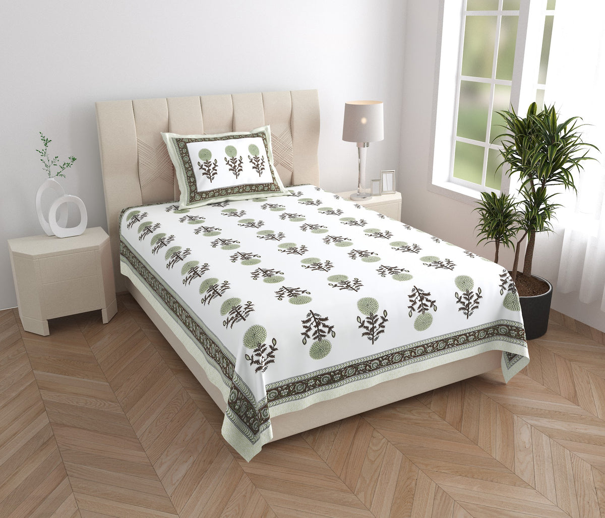 Elora Olive Marigold Buta Murugan cotton single bedsheet 60x90 with pillow cover – olive green – wholesale Jaipur – view 5