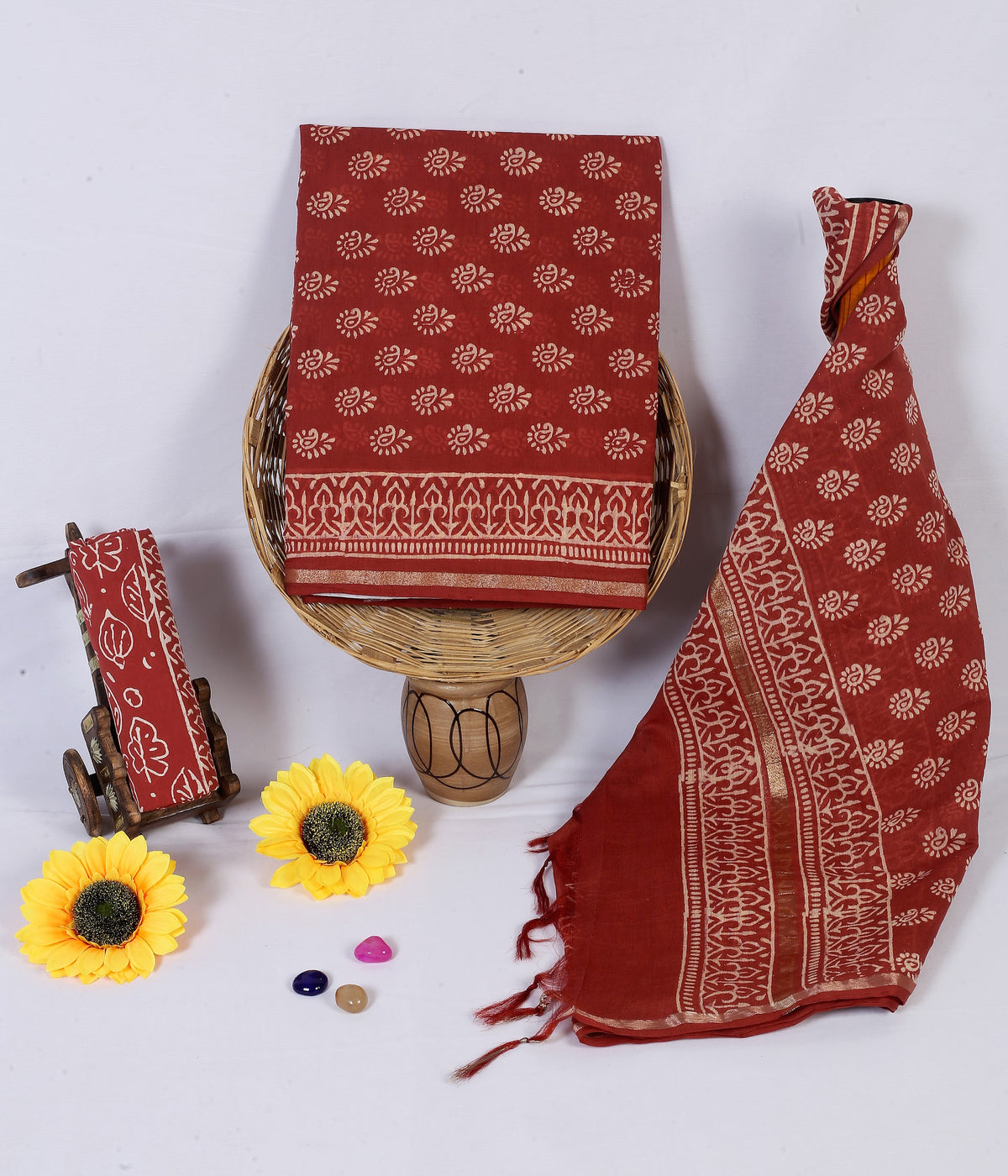 Kattha Zari Buti Maroon Buti Chanderi silk hand block print suit material