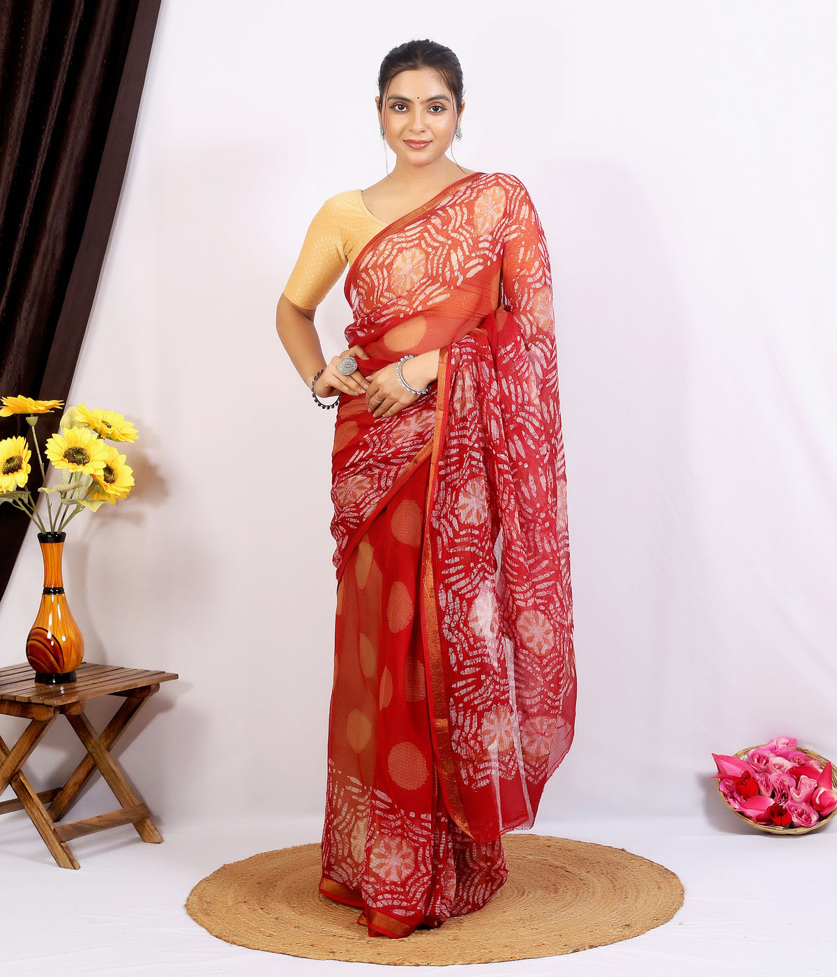 Red Bagru Floral Kota Doria bagru hand block print saree with blouse – red – wholesale Jaipur