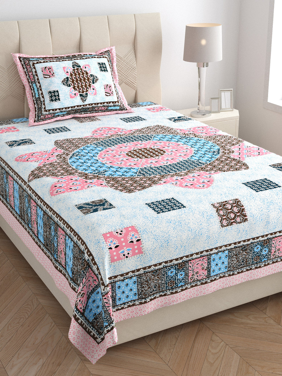 Elora Rose Patchwork Medallion Murugan cotton single bedsheet 60x90 with pillow cover – rose – wholesale Jaipur
