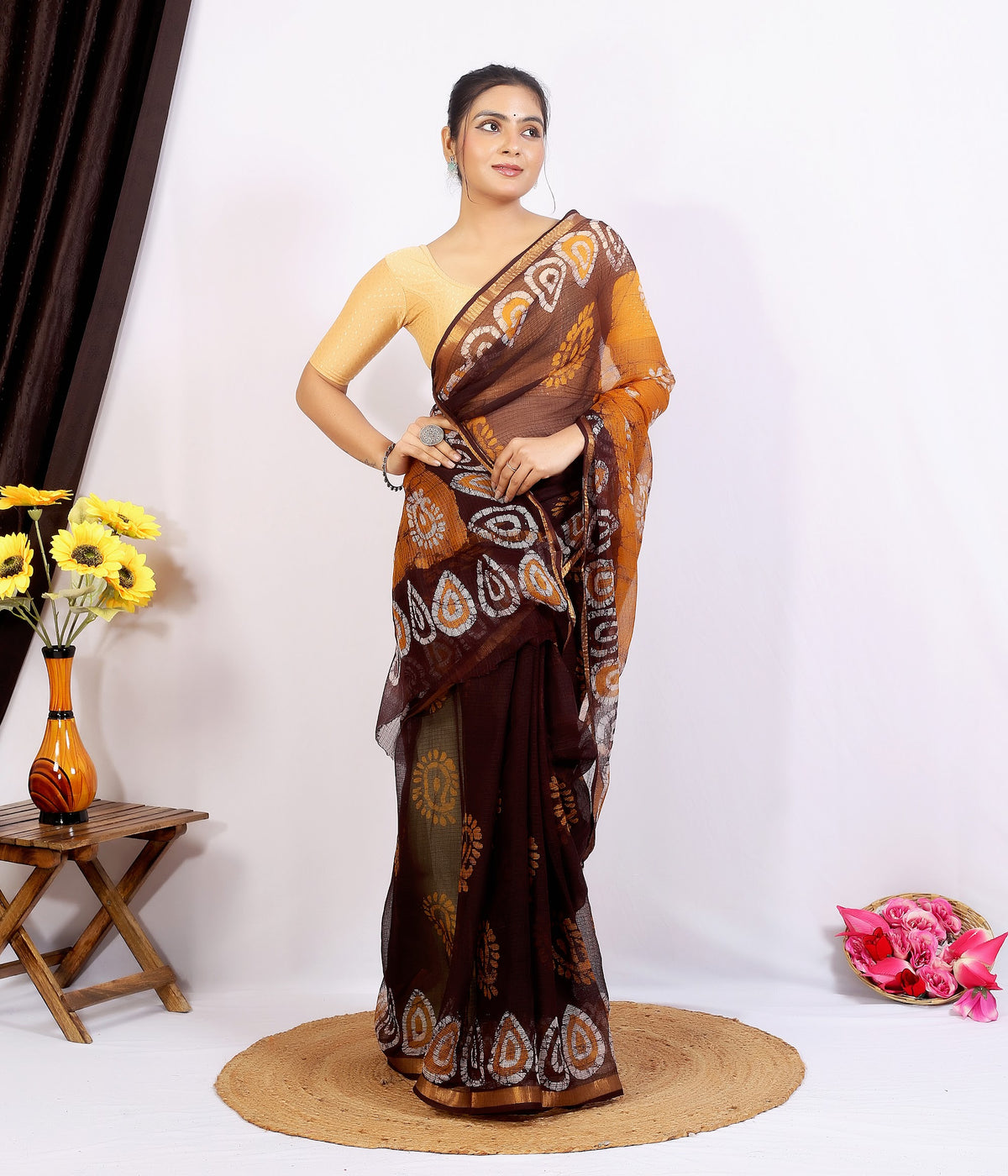 Brown Mustard Pallu Bagru Kota Doria bagru hand block print saree with blouse – brown and mustard – wholesale Jaipur – view 5