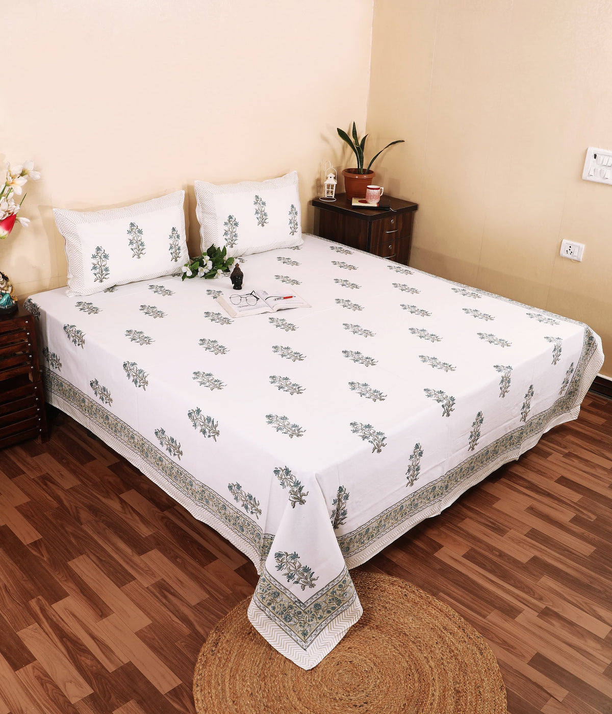 Ivory Bloom hand block printed Murugan cotton double bedsheet 95x108 with 2 pillow covers – sage grey – wholesale Jaipur