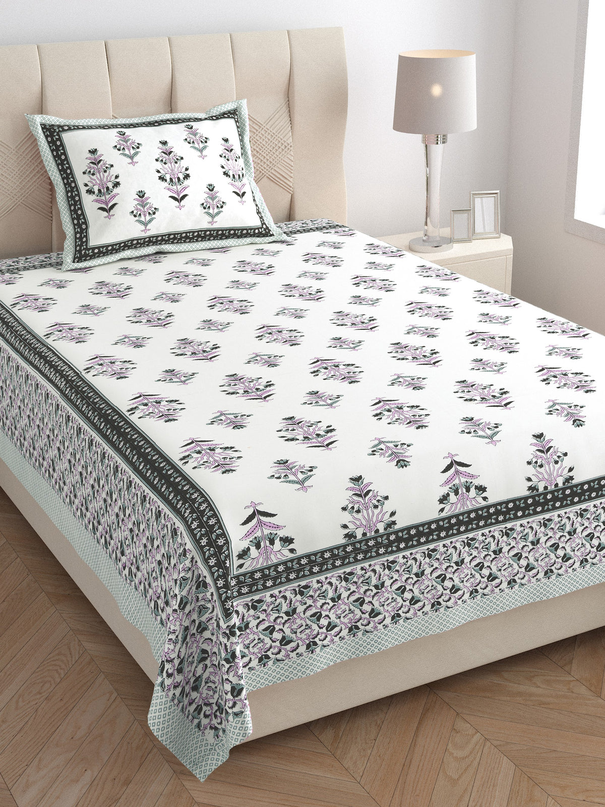 Elora Grey Border Mughal Buta Murugan cotton single bedsheet 60x90 with pillow cover – grey – wholesale Jaipur
