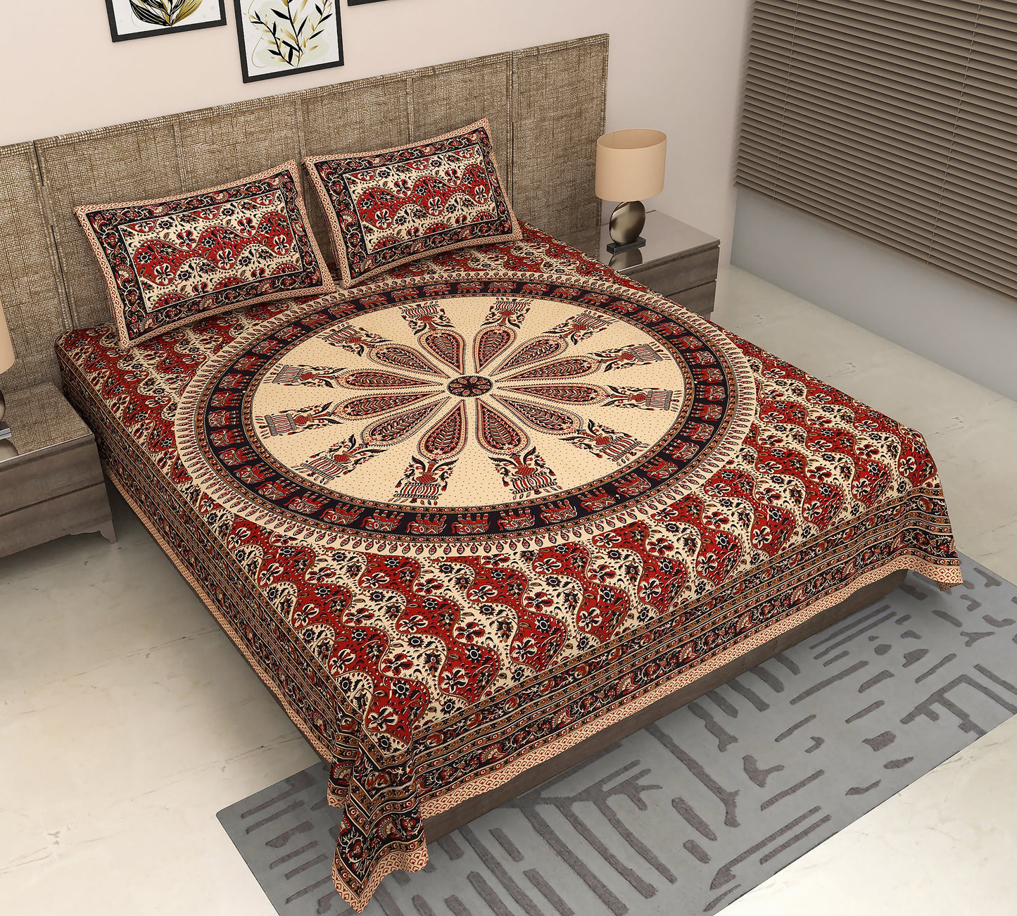 Royal Maroon: Elephant-Inspired Block Printed Bagru Bedsheet