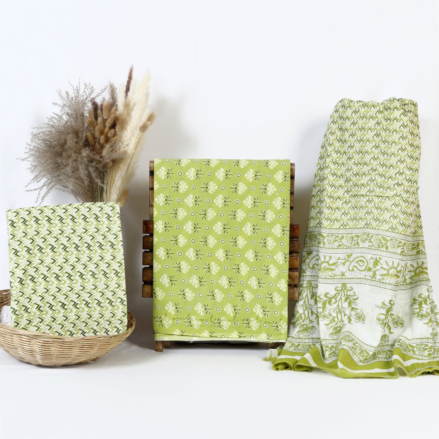 Lime Green Handblock Print Cotton Suit Material with Mulmul Dupatta