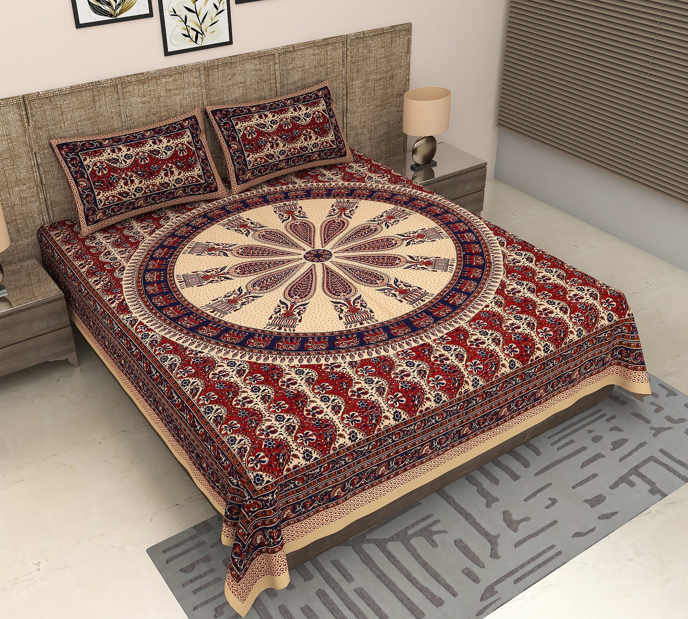 Maroon Bagru Elephant Print Block Printed Bedsheet