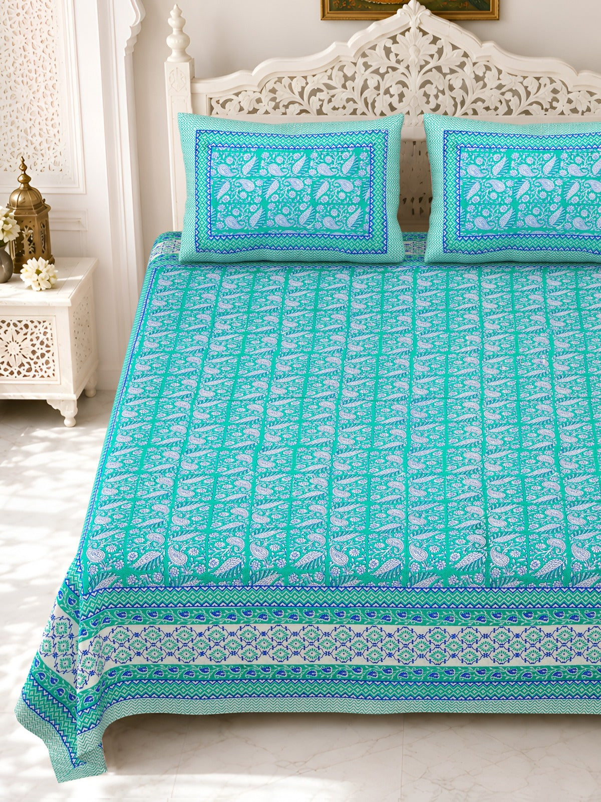 Premium Royal Block Aqua Booti Cotton Double Bedsheet 90x108 with 2 Pillow Covers Bedsheet 1_3nGbvGVTTHwoHj870TmjNmSTxdNjukD_w2000