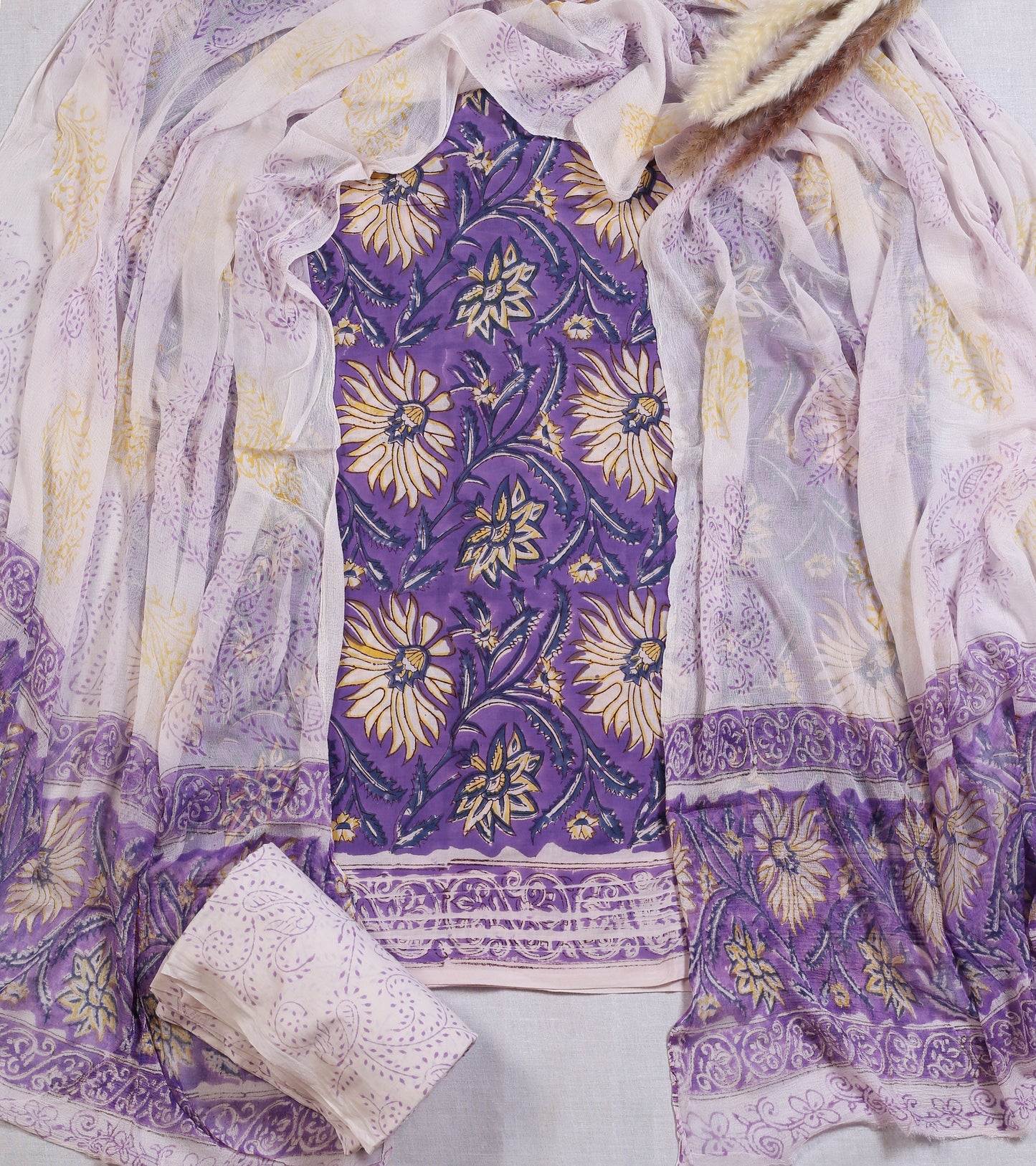 Hand Block Printed Cotton Suit Material | Purple Floral Jaal | Chiffon Dupatta | Wholesale Unstitched 3-Piece Set Suit Material 1_4