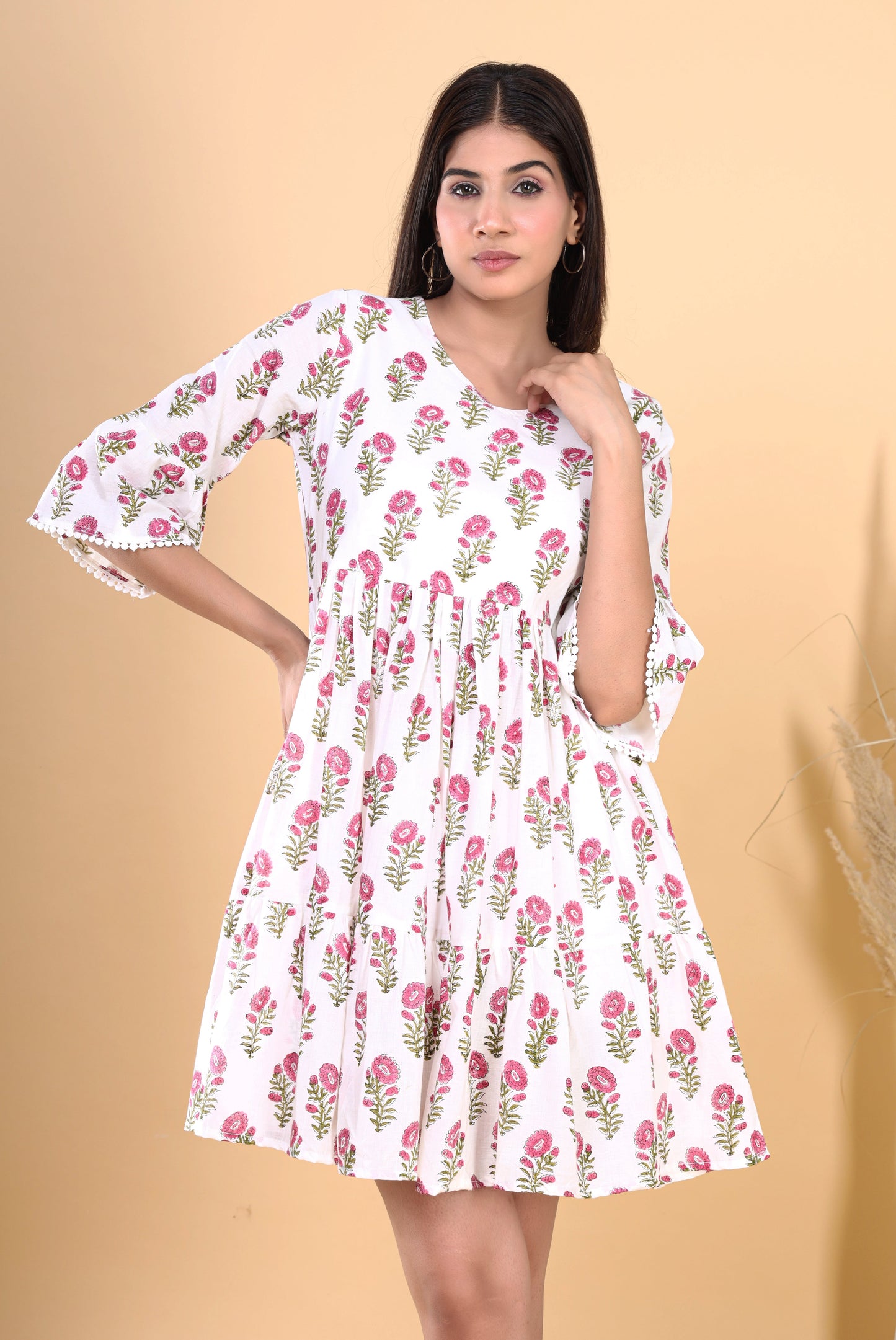 White Jaipuri HandBlock Floral Booti Print Cotton Short Kurti for Women