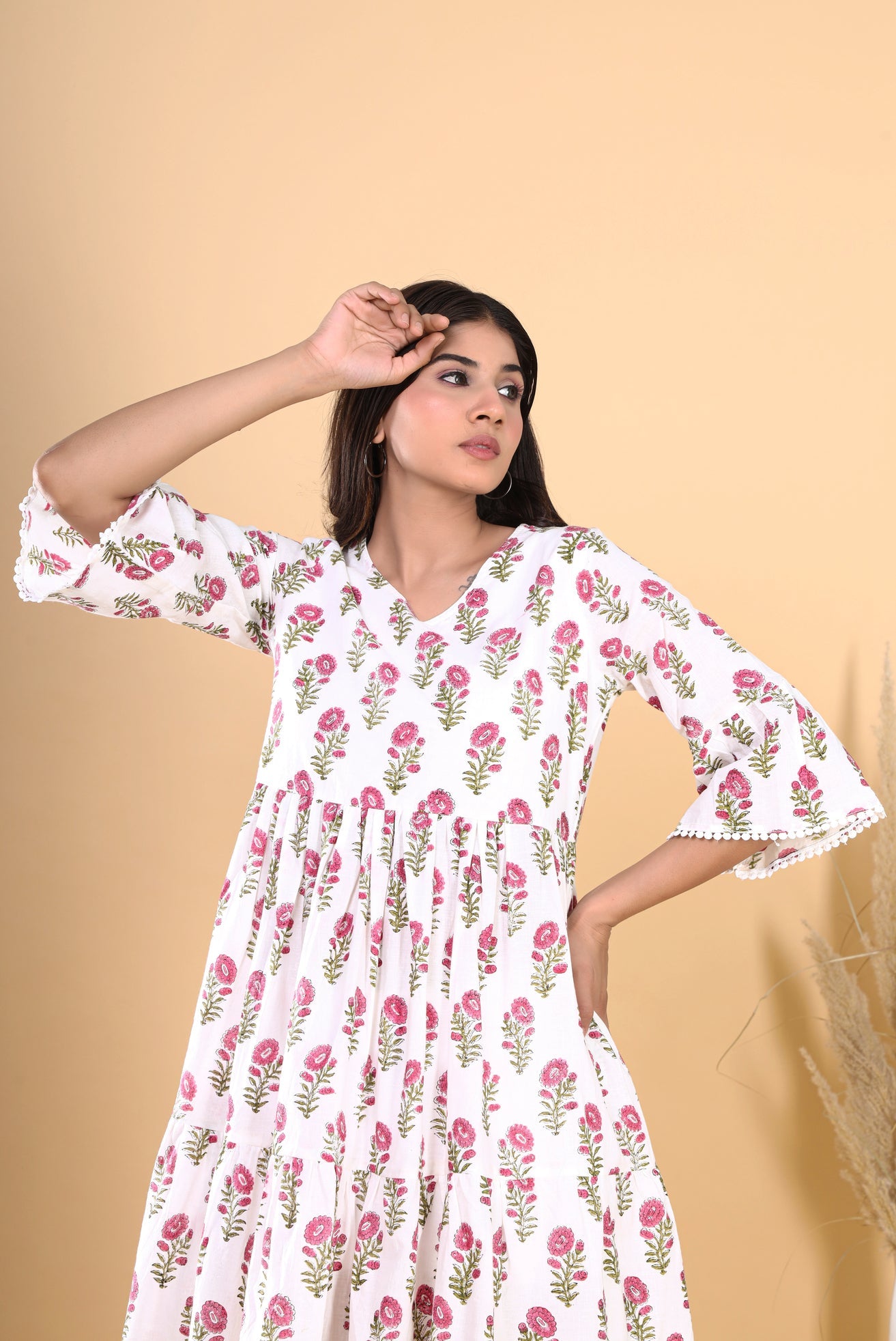 White Jaipuri HandBlock Floral Booti Print Cotton Short Kurti for Women