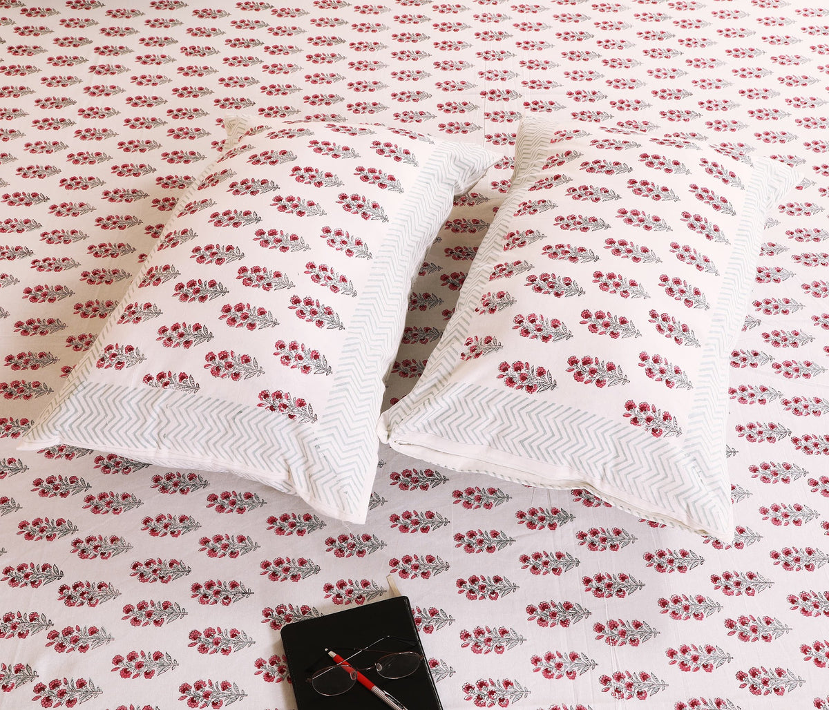 Amer Gulab hand block printed Murugan cotton double bedsheet 95x108 with 2 pillow covers – rose pink – wholesale Jaipur – view 4