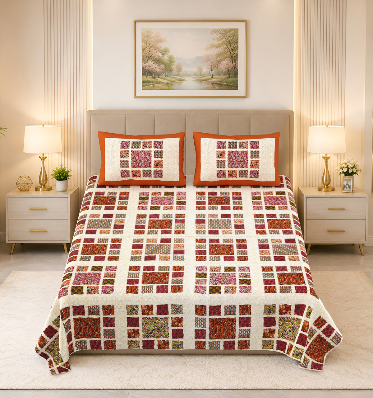 Kalashree Rust Patchwork Check premium cotton double bedsheet 100x108 with 2 pillow covers – rust and multicolour – wholesale Jaipur