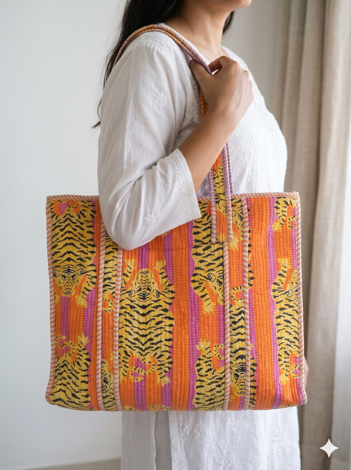 Jaipuri Printed Quilted Cotton Tote Bag | Sher Dhaari – Orange Tiger Stripe | 18x18 inch | Zipper & Inside Pocket | Wholesale Tote Bag 1_GsdFjBp19ghkeBR2XYzTKb0yN_yTdVg_w2000