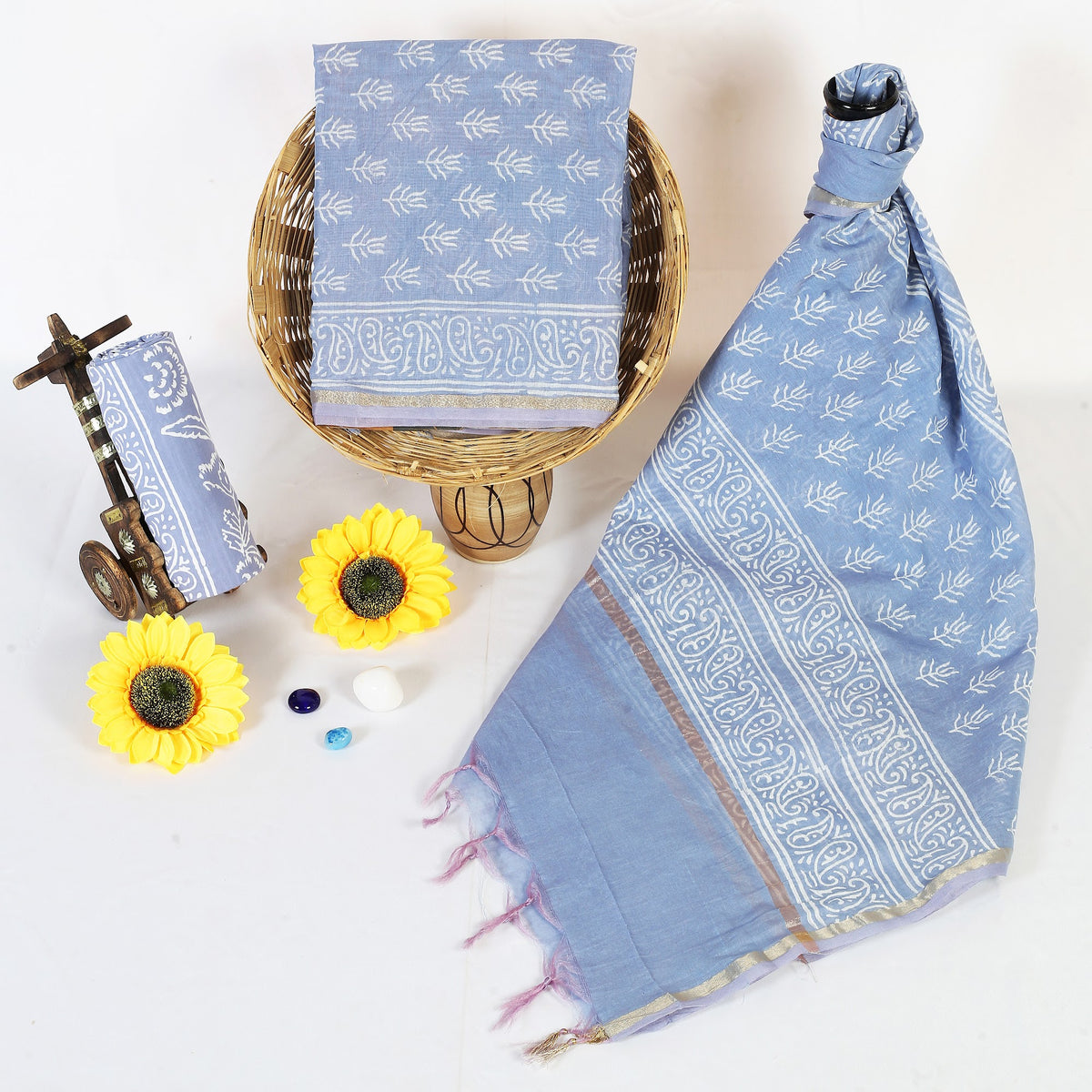 Aasmani Buta Powder Blue Buta Chanderi silk hand block print suit material