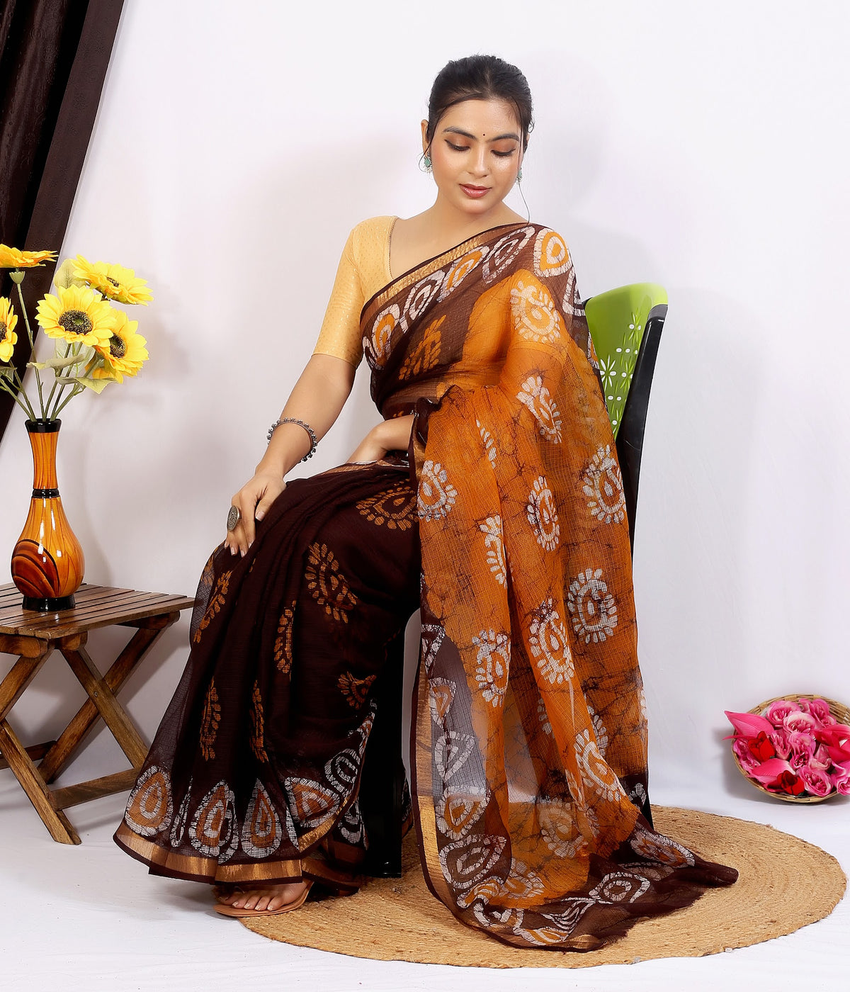 Brown Mustard Pallu Bagru Kota Doria bagru hand block print saree with blouse – brown and mustard – wholesale Jaipur – view 3