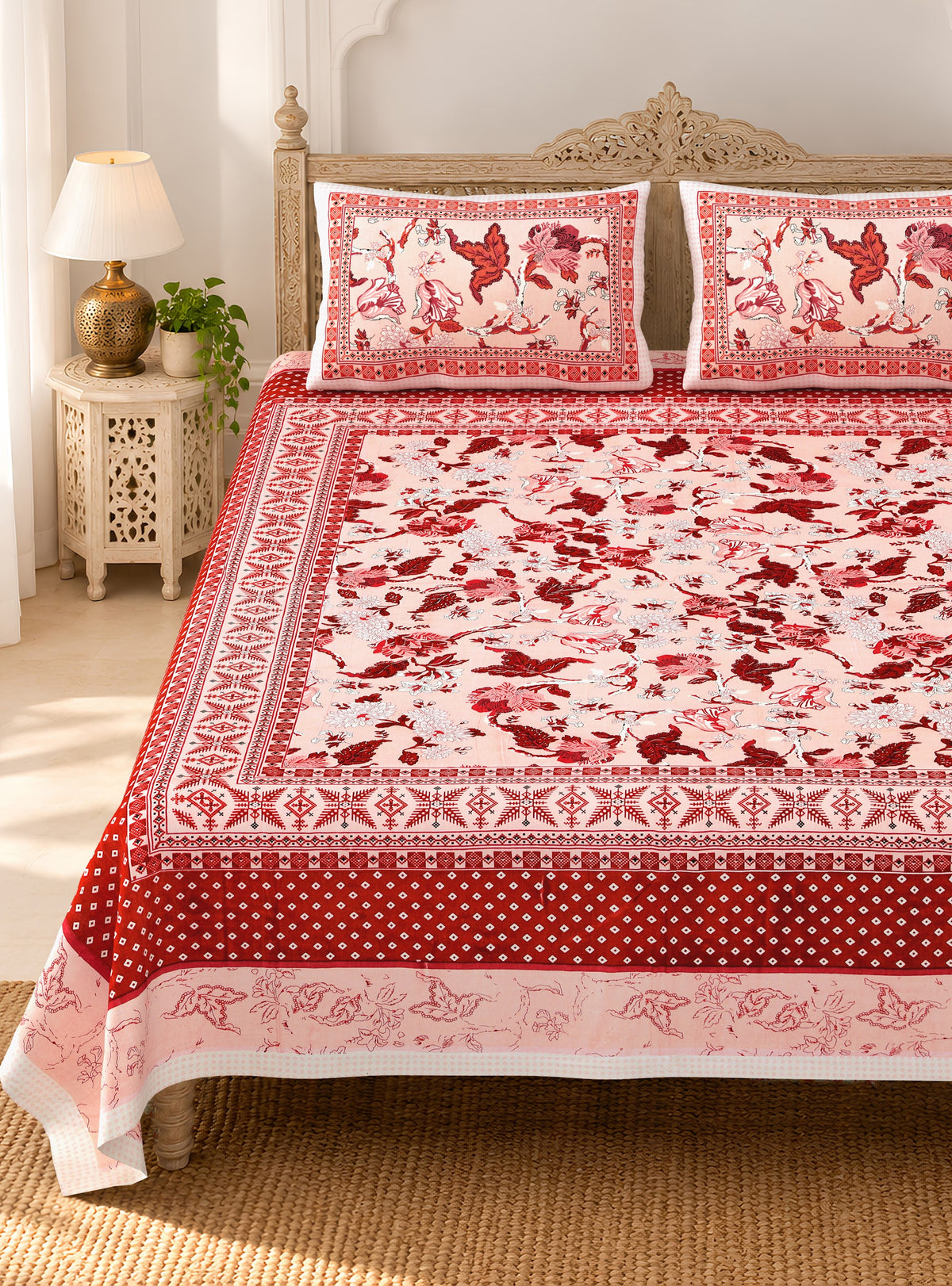 Coral Red Bird Floral pure cotton double bedsheet 90x108 – Unnati collection – view 2