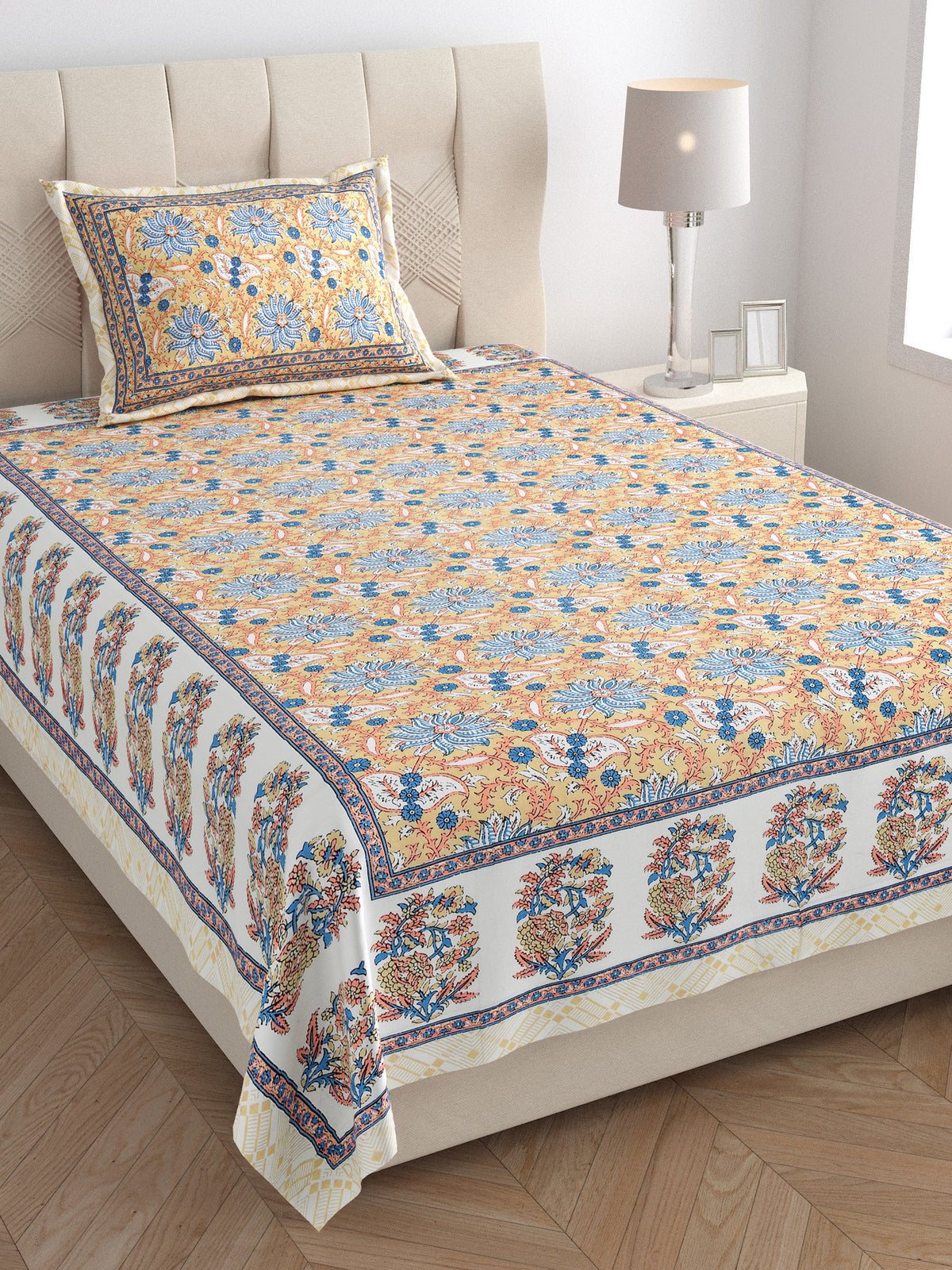 Elora Peach Blue Floral Jaal Murugan cotton single bedsheet 60x90 with pillow cover – peach and blue – wholesale Jaipur