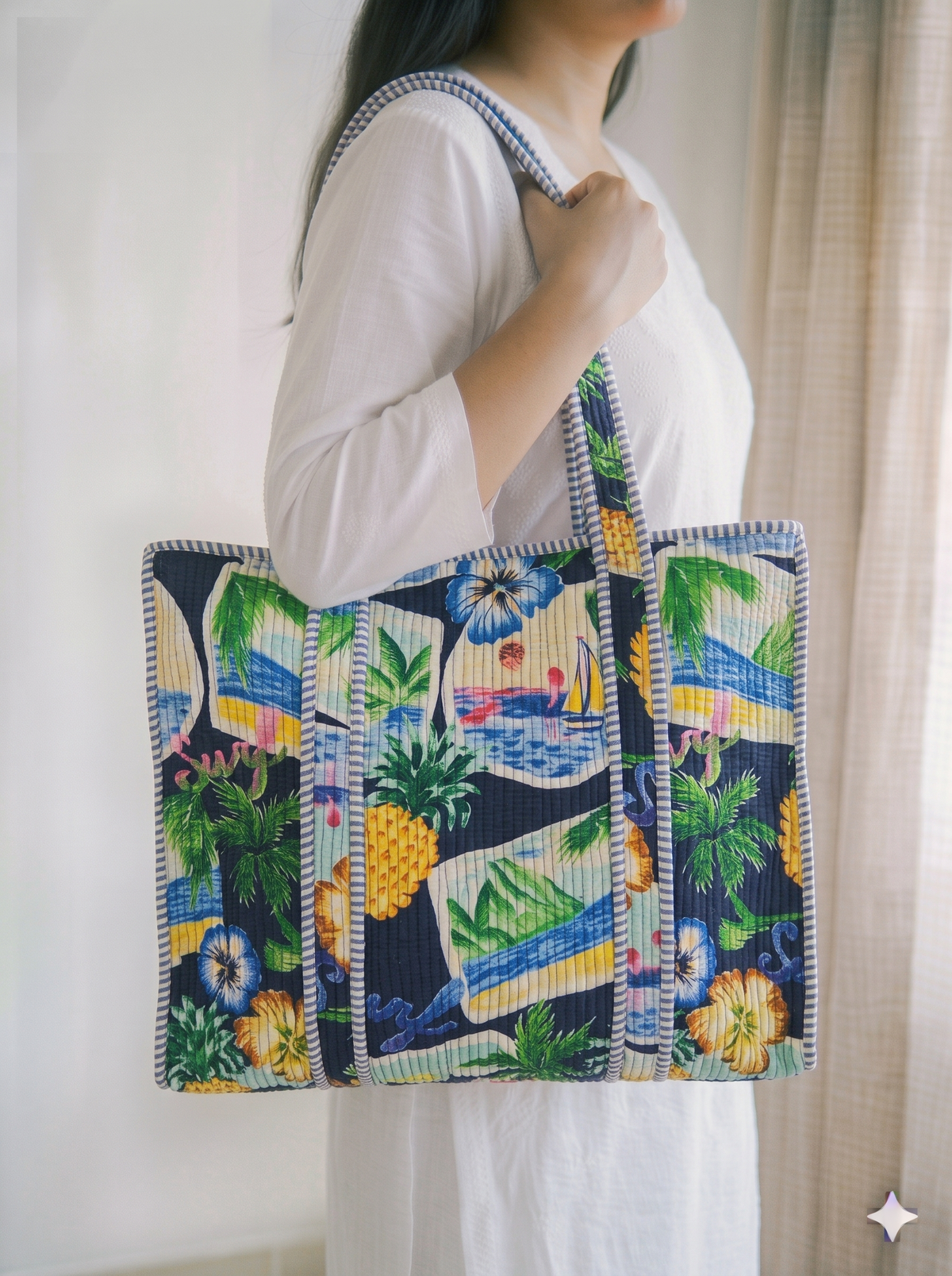 Jaipuri Printed Quilted Cotton Tote Bag | Neel Tropical – Navy Tropical | 18x18 inch | Zipper & Inside Pocket | Wholesale Tote Bag 1_a0uj6UhMlS6WFDFK7jn6atTjJt733n4_w2000