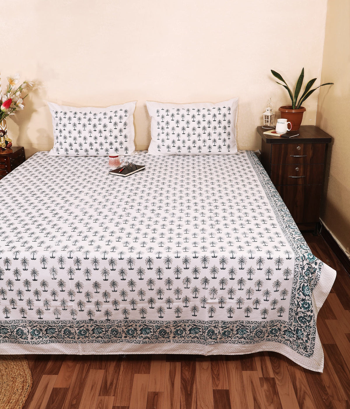 Midnight Palm hand block printed Murugan cotton double bedsheet 95x108 with 2 pillow covers – charcoal grey – wholesale Jaipur – view 2