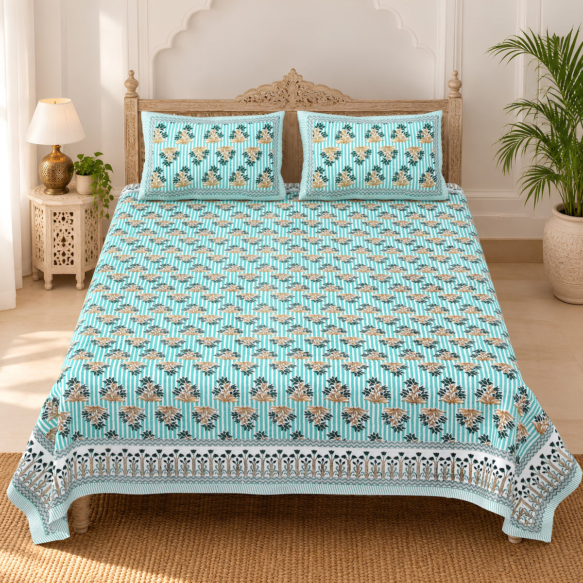 Aqua Mini Buta pure cotton double bedsheet 90x108 – Unnati collection