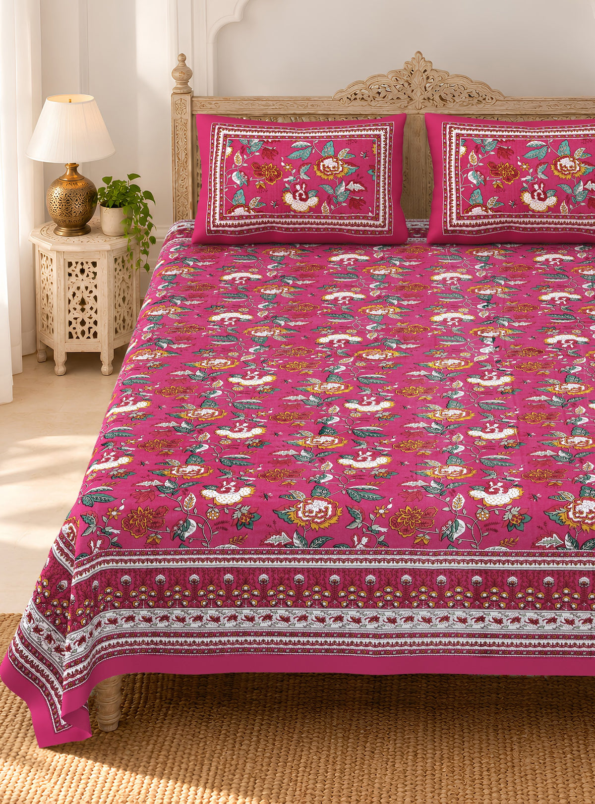 Rani Pink Gulzar Floral pure cotton double bedsheet 90x108 – Unnati collection – view 2