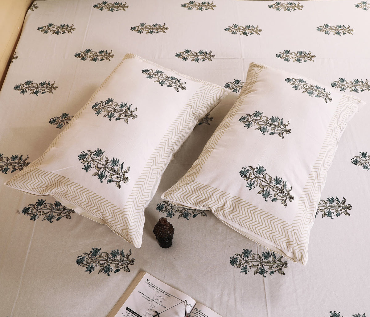 Ivory Bloom hand block printed Murugan cotton double bedsheet 95x108 with 2 pillow covers – sage grey – wholesale Jaipur – view 3