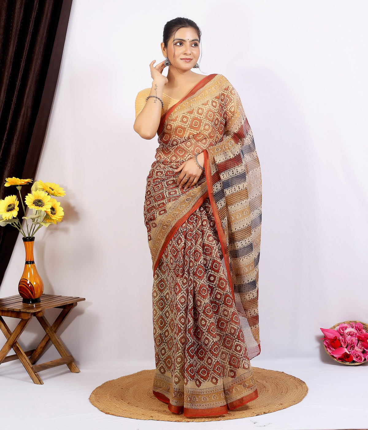 Rust Geometric Bagru Kota Doria Hand Block Print Saree with Blouse Saree 1_rqAJeVA2yzmalXG4055DEVdW6r-B_8Z_w2000