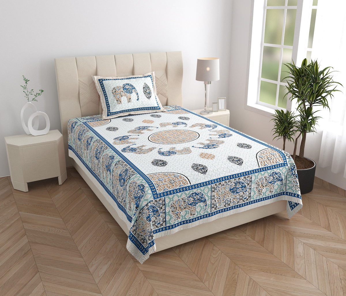 Elora Blue Elephant Mandala Murugan cotton single bedsheet 60x90 with pillow cover – blue – wholesale Jaipur – view 5