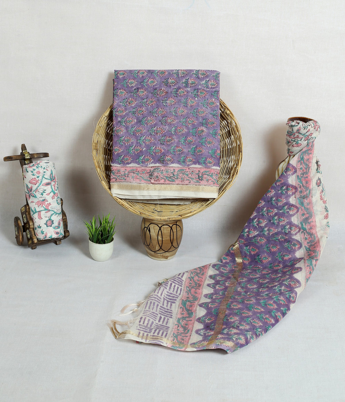 Lilac Phool Jaal Lilac Floral Jaal Chanderi silk hand block print suit material