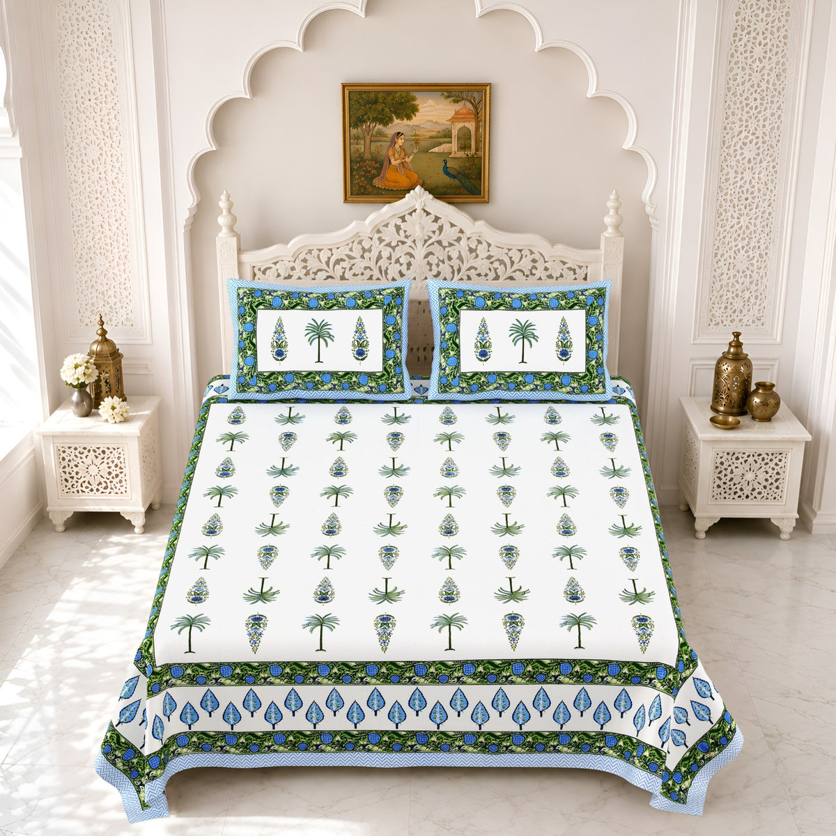 Premium Royal Block Blue Palm Tree Cotton Double Bedsheet 90x108 with 2 Pillow Covers Bedsheet 1a_2KkH9YVqsgOTGr0XBaHr2OhO7yYhSL_w2000
