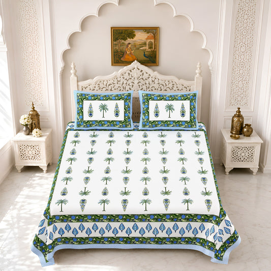Premium Royal Block Blue Palm Tree Cotton Double Bedsheet 90x108 with 2 Pillow Covers Bedsheet 1a_2KkH9YVqsgOTGr0XBaHr2OhO7yYhSL_w2000
